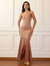 Women Elegant Shoulder Patchwork Solid Color Cocktail Evening Dress